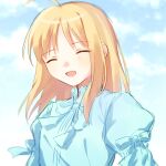  1girl ahoge artoria_pendragon_(fate) blonde_hair blue_dress blue_sky closed_eyes cloud dress dun_dudu fate/stay_night fate_(series) highres medium_hair open_mouth outdoors saber_(fate) sky smile solo 