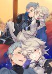  2boys absurdres armor commission corrin_(fire_emblem) corrin_(male)_(fire_emblem) fire_emblem fire_emblem_fates green_eyes grey_hair highres kabutsu_(mtansuiii) male_focus multiple_boys pointy_ears quiff red_eyes shoulder_armor silas_(fire_emblem) skeb_commission yaoi 