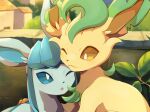  blue_eyes blue_fur bright_pupils brown_eyes building closed_mouth day glaceon green_fur highres kechon-san leaf leafeon no_humans one_eye_closed open_mouth outdoors pokemon pokemon_(creature) smile stone_wall two-tone_fur white_pupils yellow_fur 
