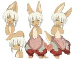  1other :3 :o animal_ears arm_behind_back body_fur brown_fur closed_mouth colored_eyelashes ears_down fang frown furry hand_up highres looking_at_viewer looking_to_the_side made_in_abyss multiple_views nanachi_(made_in_abyss) navel open_mouth pants pouch puffy_pants rabbit_ears red_pants short_hair sidelocks simple_background smile tail uis0 whiskers white_background white_hair 