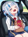  1girl absurdres alternate_costume bag black_dress blue_hair blush bow bowtie car_interior closed_eyes collared_shirt commentary cowboy_shot dress drooling english_commentary gawr_gura grey_hair hair_ornament highres hololive hololive_english long_sleeves mcdonald&#039;s medium_hair multicolored_hair open_mouth paper_bag red_bow red_bowtie saliva shark_hair_ornament sharp_teeth shirt sidelocks sitting sleeping sleeping_upright solo streaked_hair teeth twitter_username two_side_up varliet virtual_youtuber white_shirt 