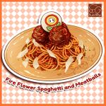  argyle_background artist_logo fire_flower food food_focus food_name highres mario_(series) meat meatball no_humans original pasta plate spaghetti yuki00yo 