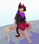 2017 anthro barefoot belt black_body black_clothing black_fur black_nose black_shirt black_t-shirt black_topwear blue_background blue_belt bottomwear brown_eyebrows brown_eyes canid canine canis claws clothed clothing digital_media_(artwork) digital_painting_(artwork) domestic_dog eyebrows feet finger_claws full-length_portrait fully_clothed fur furniture german_shepherd hair herding_dog hindpaw inner_ear_fluff jaspering kerchief lukas_solshepherd male mammal neckerchief on_table pastoral_dog paws plantigrade portrait purple_kerchief purple_neckerchief red_bottomwear red_clothing red_hair red_inner_ear_fluff red_shorts shaded shirt shorts simple_background sitting sitting_on_table smile snout solo t-shirt table tail tan_body tan_fur toe_claws topwear tuft watermark whisker_spots