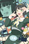  1girl :d absurdres alternate_costume black_hair blunt_bangs blunt_ends blush buttons clapperboard collared_shirt commentary_request cowboy_shot cropped_jacket double-breasted film_reel finger_frame fortune_movie_(love_live!) frilled_shirt_collar frills green_eyes green_jacket green_skirt hairband high-waist_skirt highres jacket link!_like!_love_live! looking_at_viewer love_live! momose_ginko morio_(mmorio_mu) neckerchief pleated_skirt shirt short_hair skirt smile solo translation_request virtual_youtuber white_neckerchief white_shirt yellow_hairband zoom_layer 