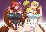  2boys 2girls absurdres bed blonde_hair blush breasts ciel_(bird-strike-3) circlet cleavage clothing_aside collarbone competition_swimsuit core_crystal_(xenoblade) dark-skinned_male dark_skin deep_skin faceless faceless_male fingering hetero highres large_breasts long_hair multiple_boys multiple_girls mythra_(xenoblade) netorare one-piece_swimsuit open_mouth pussy_juice pyra_(pro_swimmer)_(xenoblade) pyra_(xenoblade) rape red_eyes red_hair saliva shiny_skin short_hair swimsuit swimsuit_aside xenoblade_chronicles_(series) xenoblade_chronicles_2 yellow_eyes 