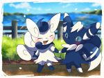  blue_fur blue_sclera blush closed_eyes colored_sclera day fang green_eyes highres holding_hands legs meowstic meowstic_(female) meowstic_(male) nekomata no_humans open_mouth outdoors pokemon pokemon_(creature) roku_(rokkrn) standing two-tone_fur white_fur 