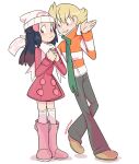  1boy absurdres barry_(pokemon) beanie blonde_hair blue_hair boots dark_blue_hair dawn_(pokemon) full_body green_scarf hat highres looking_at_another orange_eyes own_hands_together pink_footwear pokemon pokemon_dppt pokemon_platinum scarf signature standing transparent_background waackery white_hat white_scarf 