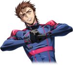  1boy artist_request blue_bodysuit bodysuit brown_eyes brown_hair clenched_hand code_geass code_geass:_lost_stories covered_navel cracking_knuckles cropped_torso dutch_angle forehead game_cg grin hands_up happy looking_at_viewer male_focus non-web_source official_art own_hands_together sayama_ryou short_hair simple_background skin_tight smile solo spiked_hair standing teeth transparent_background upper_body v-shaped_eyebrows 