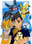 2023 anthro black_hair blue_body blue_eyes blue_fur brown_body brown_eyes brown_fur carrying_another chikorita cinderace clothing eeveelution elchuydra female fur generation_2_pokemon generation_4_pokemon generation_7_pokemon generation_8_pokemon glaceon group hair happy hi_res human humanoid lucario male mammal mimikyu nintendo pokemon pokemon_(species) pokemon_trainer purple_eyes signature smile yellow_eyes