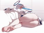  1girl ass bare_legs barefoot blue_archive blush breasts grey_hair halo highres jacket kneepits long_hair long_sleeves lying manzai_sugar mechanical_halo medium_breasts noa_(blue_archive) panties purple_eyes simple_background soles solo toes underwear white_background white_jacket white_panties 