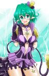  1girl :d bra breasts cleavage core_crystal_(xenoblade) glasses gloves green_eyes green_hair highres hisin jacket large_breasts looking_at_viewer navel pandoria_(xenoblade) pointy_ears purple_bra purple_gloves purple_jacket purple_shorts round_eyewear short_hair shorts smile solo tail underwear xenoblade_chronicles_(series) xenoblade_chronicles_2 