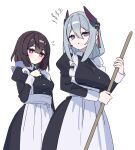  2girls alternate_costume apron black_dress blue_pupils blush breasts broom brown_hair commentary_request cowboy_shot dress enmaided frilled_apron frills frown grey_hair hand_on_own_chest hanya_(honkai:_star_rail) highres holding holding_broom honkai:_star_rail honkai_(series) large_breasts long_sleeves looking_at_viewer maid multiple_girls pink_eyes purple_eyes short_hair siblings sisters small_breasts white_apron xueyi_(honkai:_star_rail) zenshin 