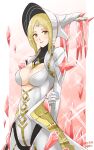  1girl :d agate_(xenoblade) arms_behind_back blonde_hair bodysuit breasts cleavage core_crystal_(xenoblade) dated forehead_jewel highres hisin large_breasts long_hair looking_at_viewer open_mouth signature smile solo white_bodysuit xenoblade_chronicles_(series) xenoblade_chronicles_2 yellow_eyes 
