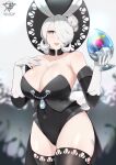  1girl :d absurdres animal_ears artist_logo bare_shoulders black_collar black_hat black_leotard black_thighhighs breasts cleavage cogita_(pokemon) collar collarbone covered_navel curvy egg fake_animal_ears gloves grey_eyes hair_bun hair_over_one_eye hat highres holding holding_egg kaos_art large_breasts leotard open_mouth playboy_bunny pokemon pokemon_legends:_arceus rabbit_ears sexually_suggestive smile solo sun_hat thighhighs thighs white_gloves white_hair 