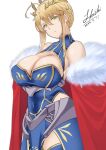  1girl absurdres ahoge armor artoria_pendragon_(fate) artoria_pendragon_(lancer)_(fate) bare_shoulders blonde_hair blue_gloves blue_legwear blue_leotard blue_skirt braid breasts cape cleavage cleavage_cutout clothing_cutout covered_navel crown elbow_gloves fate/grand_order fate_(series) faulds french_braid fur-trimmed_cape fur_trim gloves green_eyes hair_between_eyes highleg highleg_leotard highres large_breasts leotard long_hair looking_at_viewer off_shoulder pelvic_curtain red_cape shiiki_(love-saber) sidelocks skirt solo thighhighs thighs 