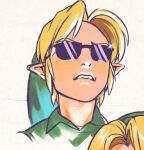 blonde_hair clothing eyewear hair humanoid humanoid_pointy_ears hylian light_body light_skin male nintendo not_furry ocarina_of_time simple_background solo sunglasses the_legend_of_zelda uzucake young_link