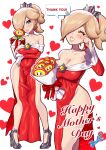  1girl arm_under_breasts bare_shoulders blonde_hair blue_eyes bouquet breasts brooch cleavage crown dress earrings eyelashes fire_flower fire_rosalina hair_ornament happy_tears heart high_heels highres holding holding_bouquet jewelry long_hair long_sleeves looking_at_viewer mario_(series) mother&#039;s_day multiple_views off-shoulder_dress off_shoulder official_alternate_hairstyle pelvic_curtain ponytail purple_nails red_dress rosalina signature smile speech_bubble star_(symbol) star_brooch star_earrings super_mario_3d_world tears toggy_keiichi white_background 