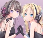  2girls black_dress black_gloves black_headphones blonde_hair blue_eyes blue_hair blush brown_hair closed_mouth commentary_request dress fujishima_megumi gloves gradient_hair grey_background hand_on_hand highres light_blue_hair link!_like!_love_live! lips long_hair looking_at_viewer love_live! meimaru mira-cra_park! multicolored_hair multiple_girls osawa_rurino parted_bangs parted_lips purple_eyes sleeveless sleeveless_dress strapless strapless_dress twintails two_side_up virtual_youtuber 