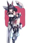  animal_ears armored_boots bent_over black_hair bodysuit bodysuit_under_clothes boots elbow_gloves floating floating_object floating_weapon gloves highres huanxiang_huifeng pout rabbit_ears simple_background 