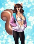  anthro blue_eyes bottomwear bra breasts brown_hair clothed clothing female fluffy fluffy_tail fur hair hand_in_pocket hi_res hoodie looking_at_viewer mammal markings open_clothing open_hoodie open_topwear pants pipyaka pockets rodent sciurid solo standing striped_markings striped_tail stripes tail_markings tan_body tan_fur tight_clothing topwear underwear yoga_pants zofia_squirrel 