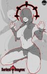  1girl abs absurdres affliction_(darkest_dungeon) artist_name bandaged_arm bandages breasts covered_eyes darkayzek darkest_dungeon flagellant_(darkest_dungeon) genderswap genderswap_(mtf) highres hood large_breasts navel paw_pose solo spot_color thighs 