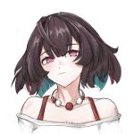  1girl absurdres bare_shoulders black_hair blush closed_mouth colored_inner_hair english_commentary floating_hair hair_between_eyes highres honkai:_star_rail honkai_(series) jewelry looking_at_viewer medium_hair mikasciii multicolored_hair necklace off-shoulder_shirt off_shoulder red_eyes shirt simple_background solo white_background xueyi_(honkai:_star_rail) 