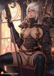  1girl adepta_sororitas armor axe bangs black_legwear blue_eyes breasts circlet closed_mouth covered_nipples gauntlets highres holding holding_axe holding_weapon indoors lips medium_breasts medium_hair pauldrons revealing_clothes sgt_lonely shoulder_armor sitting solo thighhighs warhammer_40k weapon white_hair window 