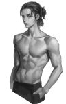  1boy absurdres bad_link bare_shoulders black_hair black_pants closed_mouth greyscale hand_in_pocket hands_in_pockets highres liu2e3ing looking_at_viewer male_focus monochrome muscular muscular_male original pants simple_background solo white_background 