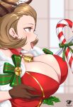  1girl absurdres alternate_costume animal_ears artist_logo artist_name bell blush breast_hold breast_lift breasts brown_eyes brown_hair candy candy_cane choker christmas cleavage commentary earrings eyeshadow fake_animal_ears fake_antlers fire_emblem fire_emblem:_three_houses fire_emblem_heroes food gloves hair_slicked_back highres huge_breasts jewelry kaos_art makeup manuela_casagranda manuela_casagranda_(winter) mole mole_under_eye official_alternate_costume open_mouth orange_eyeshadow patreon_username phallic_symbol sexually_suggestive short_hair solo tongue tongue_out 