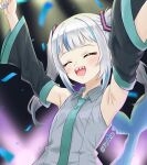  1girl armpits arms_up black_sleeves blue_hair blunt_bangs blush closed_eyes collared_shirt commentary confetti cosplay detached_sleeves english_commentary fins fish_tail gawr_gura green_necktie grey_hair grey_shirt hair_ornament hatsune_miku hatsune_miku_(cosplay) highres holding_glowstick hololive hololive_english long_hair long_sleeves multicolored_hair necktie open_mouth shark_girl shark_tail sharp_teeth shirt sidelocks sleeveless sleeveless_shirt smile solo streaked_hair tail teeth twintails twitter_username upper_body varliet virtual_youtuber vocaloid 