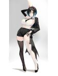  1girl absurdres arm_behind_head asymmetrical_legwear asymmetrical_pants azur_lane black_hair black_jacket black_nails black_necktie black_shorts breasts casual collared_shirt cropped_jacket cropped_shirt ear_piercing full_body hair_ornament hair_over_one_eye hairclip hand_on_own_hip high_heels highres hip_focus horns jacket large_breasts leaning_back leaning_to_the_side legs looking_at_viewer medium_hair midriff mismatched_legwear multicolored_hair nail_polish navel necktie piercing shirt short_shorts shorts skindentation sleeveless sleeveless_shirt slit_pupils smile solo standing suo_bu_ye_feng thigh_strap thighhighs thighs two-tone_hair ulrich_von_hutten_(azur_lane) white_hair white_shirt yellow_eyes 