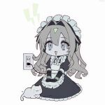  1girl :d android apron black_dress cat charger chibi chibi_only dress electrical_outlet eyelashes frilled_apron frilled_dress frills grey_eyes grey_hair hair_between_eyes hair_intakes hands_on_lap headphones highres lightning_bolt_symbol long_dress long_hair maid maid_headdress open_mouth original own_hands_together sidelocks sitting smile solo white_apron yoineya 