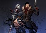  1boy 1girl absurdres armor ass bandana bandana_over_mouth blood blood_on_clothes blood_on_weapon breasts coat crusader_(darkest_dungeon) darkest_dungeon fur-trimmed_coat fur_trim gun h_ikenuma handgun helmet highres highwayman_(darkest_dungeon) holding holding_gun holding_sword holding_weapon large_breasts pauldrons shaded_face short_hair shoulder_armor skindentation sword thighhighs torn_clothes vambraces weapon 