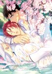  2boys black_hair blue_eyes cherry_blossoms closed_eyes collarbone collared_shirt free! hair_between_eyes hug in_water looking_at_viewer male_focus matsuo_shin matsuoka_rin multiple_boys nipples open_mouth outdoors pants partially_submerged red_hair see-through shirt short_hair sleeping tree_shade water wet wet_clothes white_pants white_shirt yamazaki_sousuke yaoi 