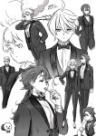  0321smith 1boy 4girls bow bowtie braid candy character_request chuatury_panlunch closed_mouth crown_braid double_bun expressionless food greyscale gundam gundam_suisei_no_majo hair_bun hand_in_pocket hand_on_own_hip highres hots_(gundam_suisei_no_majo) jacket lollipop long_hair miorine_rembran monochrome multiple_girls pants sabina_fardin short_hair suit suit_jacket suletta_mercury thick_eyebrows vest waistcoat 