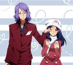  1boy 1girl beanie blue_hair blush cheek_pinching clenched_hands collared_shirt dark_blue_hair dawn_(pokemon) glasses hat highres jacket lucian_(pokemon) miyuki_tsukiyono one_eye_closed outline pinching pokemon pokemon_dppt pokemon_platinum purple_eyes purple_hair scarf shirt split_mouth white_outline white_scarf 