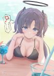  1girl ? absurdres bikini black_bikini blue_archive blurry blurry_background blush breast_rest breasts breasts_on_table drinking_straw fruit_request glass hair_ornament halo head_rest highres large_breasts long_hair looking_at_viewer mechanical_halo purple_eyes purple_hair signature solo spoken_question_mark swimsuit translated two_side_up yonatsu_yoshiaki yuuka_(blue_archive) 