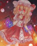  1girl absurdres blonde_hair blood blood_on_clothes blood_on_hands cowboy_shot crystal_wings dress flandre_scarlet frilled_dress frills hand_up hat hat_ribbon highres mimi89819132 open_mouth red_eyes red_ribbon ribbon side_ponytail solo touhou white_mob_cap wrist_cuffs 
