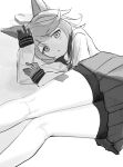  1girl absurdres ahoge animal_ears bike_shorts blue_archive commentary_request dot_nose double-parted_bangs feet_out_of_frame fox_ears gloves grey_background greyscale highres legs light_blush long_sleeves looking_at_viewer lying miniskirt mishio_(misio_40) monochrome no_halo on_side otogi_(blue_archive) pleated_skirt sailor_collar school_uniform serafuku shorts shorts_under_skirt sidelocks simple_background skirt solo thighs 