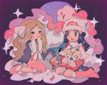  2girls :d bangs blue_eyes blue_hair boots brown_hair caitlin_(pokemon) dawn_(pokemon) full_body gible hair_ornament hairclip hands_on_own_face hat hinann_bot holding holding_pokemon long_hair long_sleeves multiple_girls musharna parted_bangs pink_footwear pokemon pokemon_(creature) pokemon_(game) pokemon_dppt pokemon_platinum scarf seiza sitting smile togepi white_headwear 