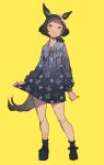 1girl animal_ears black_footwear black_hair blush brown_eyes eyebrows_visible_through_hair floral_print medium_hair mogumo original parted_lips patterned patterned_clothing simple_background sketch smile solo standing tail yellow_background 