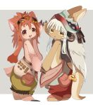 1girl 1other animal_ears body_fur border brown_fur claws colored_eyelashes furry furry_female goggles goggles_on_head green_pants grey_background hat highres holding_hands horns jitome long_hair looking_at_viewer made_in_abyss mitty_(made_in_abyss)_(furry) multiple_views nanachi_(made_in_abyss) open_mouth pants pink_fur pouch puffy_pants rabbit_ears red_eyes red_hair red_hat red_pants short_hair sidelocks smile standing tail triangle_mouth uis0 upper_body whiskers white_border white_hair 