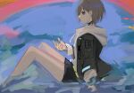  1girl absurdres bang_dream! bang_dream!_it&#039;s_mygo!!!!! bare_legs black_choker black_jacket black_shorts chinese_commentary choker commentary_request drawstring from_side grey_hair highres hood hoodie jacket looking_at_viewer mikage_ao outdoors parted_lips red_eyes short_hair shorts sitting sitting_on_water solo sparkle takamatsu_tomori water white_hoodie 