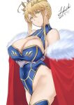  1girl absurdres ahoge artoria_pendragon_(fate) artoria_pendragon_(lancer)_(fate) bare_shoulders blonde_hair blue_gloves blue_legwear blue_leotard braid breasts cape cleavage cleavage_cutout clothing_cutout covered_navel crown elbow_gloves fate/grand_order fate_(series) french_braid fur-trimmed_cape fur_trim gloves green_eyes hair_between_eyes highleg highleg_leotard highres large_breasts leotard long_hair looking_at_viewer off_shoulder red_cape shiiki_(love-saber) sidelocks solo thighhighs thighs 