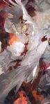 1girl abstract_background absurdres arms_up bird_wings bleeding blonde_hair blood blood_from_mouth blood_on_chest blood_on_face blood_on_hands breasts chimera commentary dungeon_meshi english_commentary expressionless falin_touden falin_touden_(chimera) feathered_wings feathers highres kurage_(nai_chuanqi) monster_girl multicolored_background multiple_wings parted_lips short_hair slit_pupils solo taur underboob wings yellow_eyes 