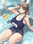  1girl 1other animal_ears bare_arms bare_legs bare_shoulders black_one-piece_swimsuit blue_archive blush breasts brown_eyes brown_hair cleavage fake_animal_ears glasses grin halo highres huge_breasts long_hair moe_(blue_archive) one-piece_swimsuit one_eye_closed partially_submerged rabbit_ears round_eyewear rubber_duck school_swimsuit sitting smile solo_focus swimsuit twintails water yellow_halo zig90 