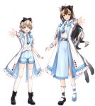  2girls :d absurdres ahoge animal_ears ankle_boots ankle_ribbon ankle_socks annno_ans black_bow black_footwear black_ribbon blonde_hair blue_eyes blue_necktie blue_shorts blue_skirt boots bow brown_hair brown_tail cat_ears cat_tail club_(shape) coat collared_shirt cross-laced_footwear diamond_(shape) frilled_sleeves frilled_socks frills full_body green_eyes hair_bow heart highres hood hooded_coat lace-up_boots leg_ribbon legs_apart long_hair looking_at_viewer mary_janes matane_tano medium_skirt multicolored_hair multiple_girls multiple_tails necktie nekoma_eko nekomata official_art open_clothes open_coat open_hand outstretched_arm outstretched_hand overcoat puffy_short_sleeves puffy_sleeves reaching reaching_towards_viewer ribbon shirt shirt_tucked_in shoes short_hair short_shorts short_sleeves shorts skirt smile socks spade_(shape) standing star_(symbol) star_in_eye streaked_hair symbol_in_eye tachi-e tail thighhighs toki_production transparent_background two_tails virtual_youtuber white_coat white_shirt white_thighhighs wrist_cuffs 