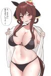  1girl absurdres alternate_costume animal_ears breasts brown_hair cleavage collarbone commentary_request gentildonna_(umamusume) hair_rings highres horse_ears horse_girl horse_tail large_breasts looking_at_viewer navel open_mouth puchimosu_(mosu1427) red_eyes simple_background solo sweat tail translation_request umamusume white_background 