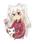  1girl :&lt; @_@ alternate_costume animal animal_ears blush cat cat_ears cat_girl closed_mouth commentary_request cropped_torso crossover food glasses holding holding_animal holding_cat holding_food holding_popsicle jacket long_hair long_sleeves looking_at_viewer magari_(c0rn3r) nora_cat nora_cat_channel popsicle scp-040-jp scp_foundation simple_background solo track_jacket two_side_up upper_body virtual_youtuber white_background white_hair zipper 