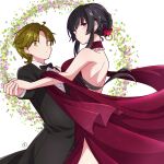  bare_back black_hair bow bowtie breasts butterfly_hair_ornament dancing dress enkichi formal green_eyes green_hair hair_ornament hair_up hand_on_another&#039;s_shoulder holding_hands killer_in_the_mirror large_breasts long_dress looking_at_viewer purple_eyes shitakiri_nodoka shitakiri_souga short_male step-siblings suit tall_female 